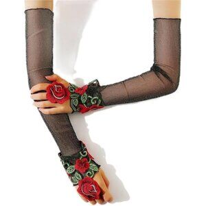 Women's A-K-Blue Flowers Embroidered Lace Gloves Cocktail Party Costumes